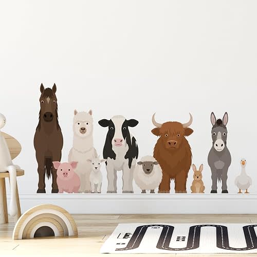Farm Animals Wall Decals – Horse, Pig, Alpaca, Goat, Cow, Sheep, Highland Cow, Bunny, Donkey & Goose in a Row – Cute Barnyard Stickers for Kids Room, Nursery, Classroom, Farmhouse Decor