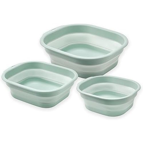 Collapsible Wash Basin Set of 3, Foldable Large Medium Small Wash Basins, Portable Plastic Basins for Laundry, Bottles, Travel, Camping (Green)