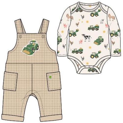 John Deere Baby Boys' 2-Piece Allover Print Bodysuit and Overalls Set Khaki Cream 6-9 Months