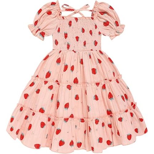 Toddler Girl Dress Short Sleeve Kids Floral Smocked Square Neck Beach Sundress | Summer Fashion Dresses 2-7Y