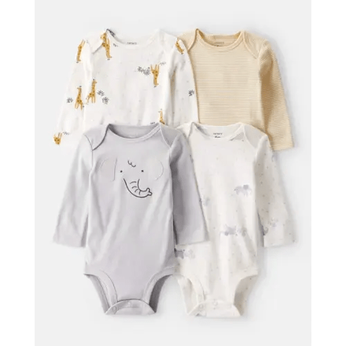 Baby 4-Pack Safari Print Cotton Long-Sleeve Multipack Bodysuits - Ivory/Yellow | Carter's