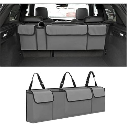 AUCELI Car Trunk Organizer, Backseat Hanging Large Storage with Adjustable Straps, Waterproof Collapsible Cargo Bag with 4 Pockets, Sturdy Space Saver Frees Trunk Floor for SUV, Truck, MPV
