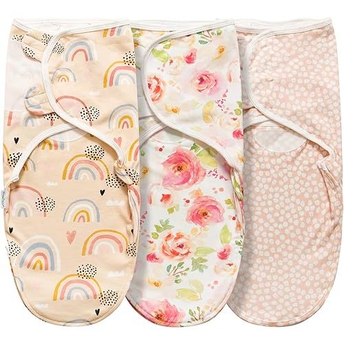 Little Tots Swaddle Blanket for Baby Girl Boy Easy Change Infant Wrap 2 or 3 Pack Adjustable Sleep Sack for Newborn Babies 0-3 Month (Rainbow and Flowers)