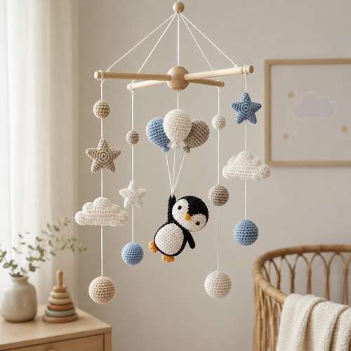 Crochet Baby Mobile, Penguin Nursery Mobile, Hot Air Balloon Crib Mobile, Handmade Baby Shower Gift, Nursery Decor