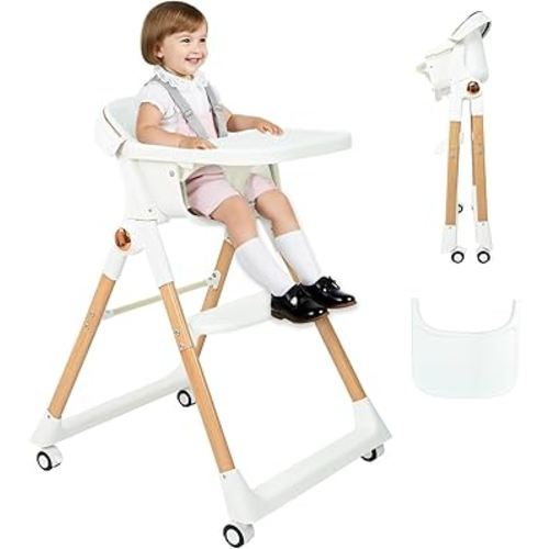 Baby High Chair for Toddler, Foldable High Chair for Dining Table Highchair with 5 Point Harness Seat Removable Adjustable Tray Portable Baby Dinning Chair with Lockable Wheels Easy to Clean Surface