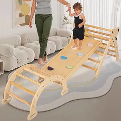 Pickler Pikler Triangle Set Climber 3 Piece Climbing Gym, Wood&Hearts Montessori Climbing Set Toys Play Structure Jungle Gym Slide,Indoor Wooden Climbing Arch Toy Triangle Climb for Toddlers Baby Kids