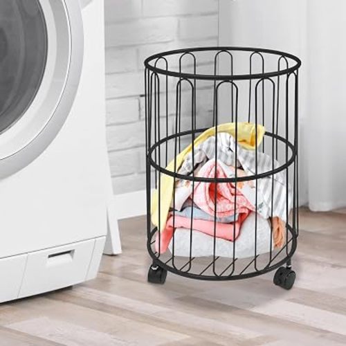 Round Metal Laundry Basket w/Wheels, Metal Rolling Clothes Storage Organize Hamper for Bedroom, Bathroom, DormRoom, Black