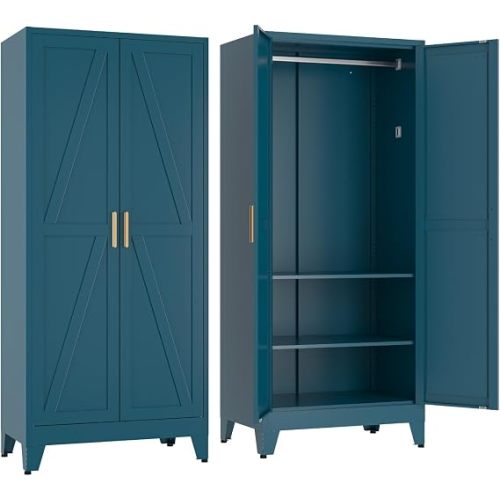 COFaR 71'' Metal Armoire Wardrobe Closet, Steel Wardrobe Cabinet with Adjustable Hanging Rod and Shelves, 2 Doors Farmhouse Closet Storage for Bedroom Garage Office, Peacock Blue