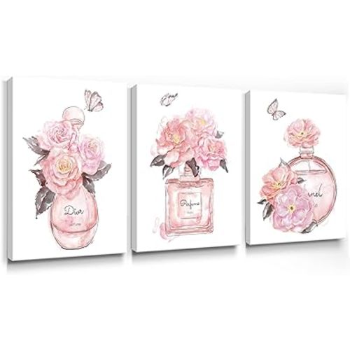 SUMGAR Pink Wall Art Girls Bedroom Wall Decor Fashion Perfume Flower Butterfly Pictures Blush and Grey Framed Canvas Paintings for Living Room Bathroom,Valentines Day Gifts 12x16 inch，3 Piece