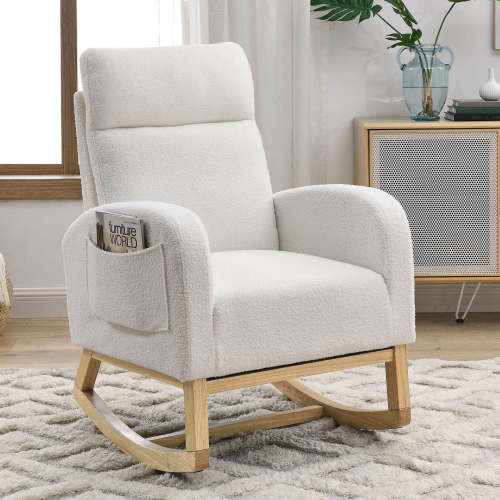 SYNGAR Modern Accent Rocking Chair, Upholstered Nursery Glider Rocker for Baby and Kids, Comfy Armchair with Side Pockets, Living Room Lounge Arm Chair, High Backrest with Wood Curved Base, White