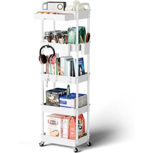 5 Tier Rolling Cart Organizer,Bathroom Cart Organizers with Wheels Laundry Room Organization Mobile Shelving Unit Utility Cart Storage Shelves Multi-Functional for Office, Home(White)