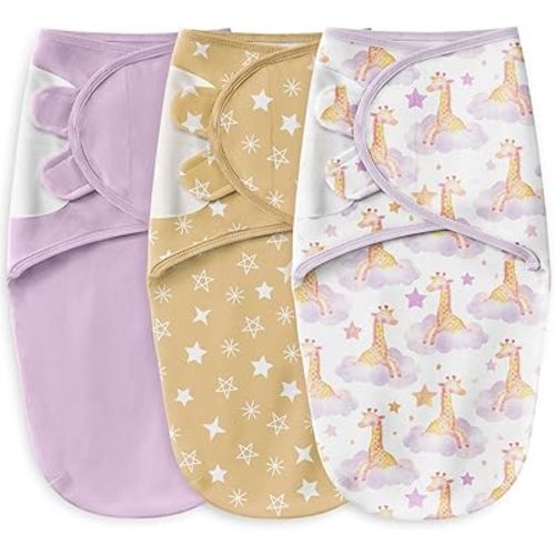Baby Swaddles for Newborns 100% Cotton Newborn Swaddle Sack 3 Pack Baby Swaddles 0-3 Months Swaddle Sleep Sack for Newborn Baby Boy Girl Purple Clouds & Yellow Giraffe