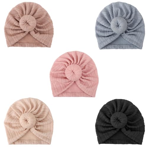 DRESHOW BQUBO 5 Pieces Newborn Baby Turban Hats Bow Baby Infant Beanie Breathable Toddler Cap for Baby Girls