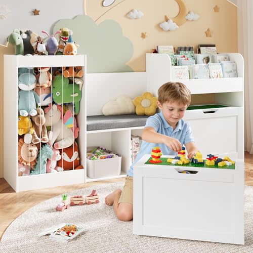 68.9" W Kids Reading Nook, Toy Storage Box with Removable Building Baseplate Play Lid for Lego, Wooden Bookshelf with Stuffed Animal Storage, Bench and Removable Cushions for Playroom(White)