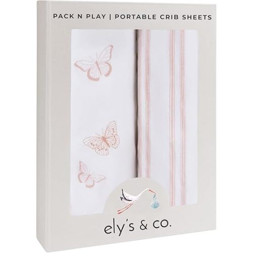 Ely's & Co. Pack and Play Sheets, for Mini/Portable Crib, 2 Pack Fitted Playpen Play Yard Sheet Set Compatible with Graco Pack n Play, for Baby Girls, 100% Cotton, 38”x24”x5” Pink Butterfly + Stripes
