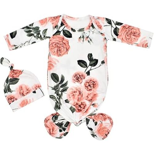 Newborn Baby Sleeper Set - Knotted Gown & Hat for Baby Girl or Boy - 0-3 Months