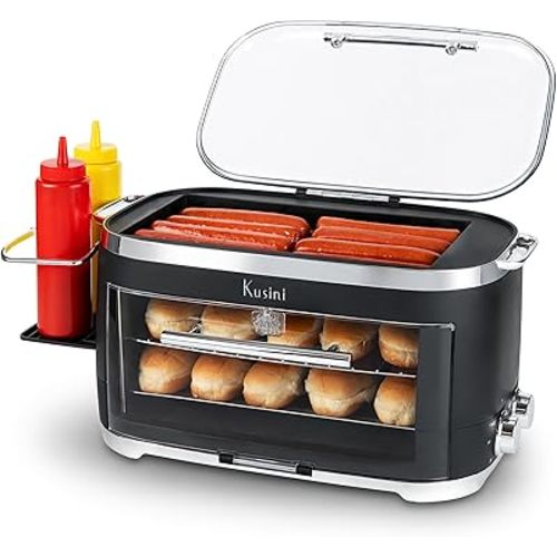 Kusini Hot Dog Roller Grill & Toaster Oven - Holds 8 Hot Dogs & 8 Buns, keep warm Option & Condiment Holder - Kitchen Appliance Hot Dog Cooker Machine - Hosting Party Essential, Unique Gifts Idea