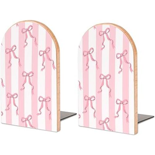 Pink Ribbon Bow Book Ends Decorative Bookends for Shelves Wood Book Stopper for Home Office Desk to Hold Books 6.7 X 4.7 Inch Bookshelf Decor 1 Pair