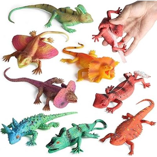 8PCS Plastic Squishy Lizard Toys, Stretchy Rubber Figures, Realistic Soft Reptile Toys for Kids, Party Decoration Figurines Set