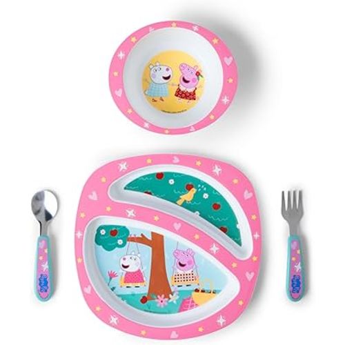 The First Years Peppa Pig Toddler Dinnerware Set - Includes Plate, Divided Bowl, and Utensils - Dishwasher Safe Feeding Supplies Made without BPA - 4 Count