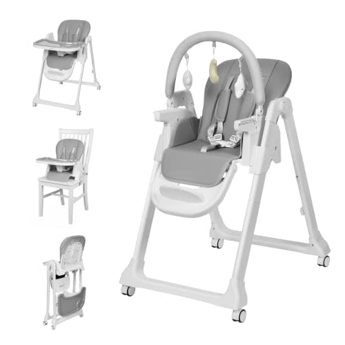 Ezebaby Foldable Baby High Chair, 3-in-1 Convertible High Chairs to Booster Seat, Portable High Chair with Adjustable Height and Recline, Removable Tray & Toy Bar