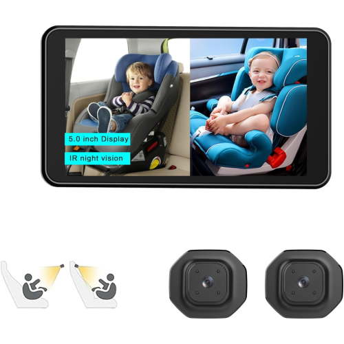 Baby Car Camera Monitor,5-Inch Display,Two Infrared Night Vision Cameras,360-Degree Adjustable,Split-Screen Display