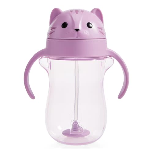 Munchkin Any Angle Spill Proof Weighted Straw Trainer Cup, Transition Sippy Cups for Toddlers and Babies, Click Lock Technology & Fun Cat Design, 10 Ounce, Purple