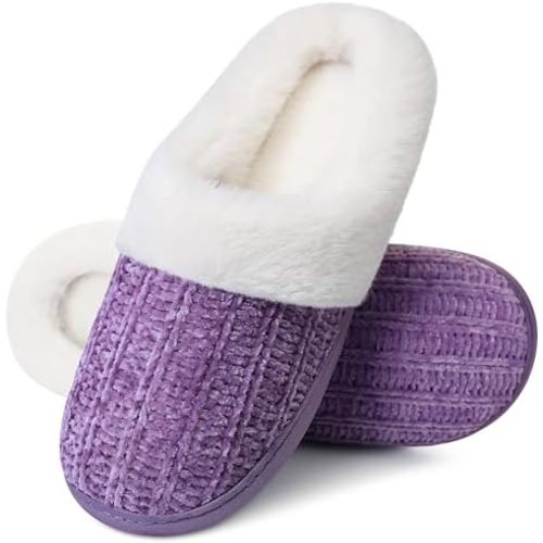 shoeslocker Women's Memory Foam Fuzzy Slippers Knit house shoe for Women Comfy Wool-Like Lined Slippers Indoor Outdoor