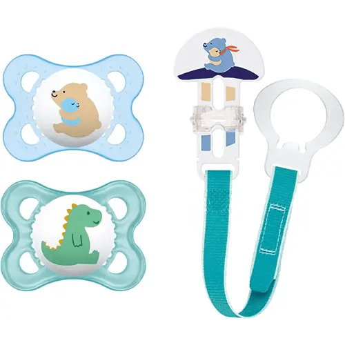 MAM Animal Design Collection Pacifier for Babies (Pack of 2 Pacifiers, 1 Clip), MAM Soother with a Soft Silicone Nipple, Baby Essentials, Boy, 0-6 Months, Designs May Vary