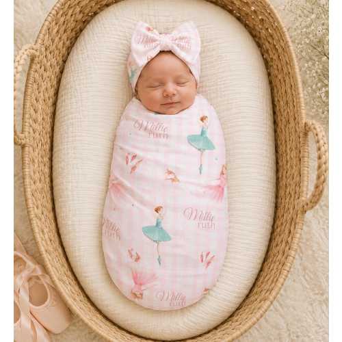 Personalized Ballerina Swaddle Blanket | Pink Gingham Watercolor Ballet Newborn Gift