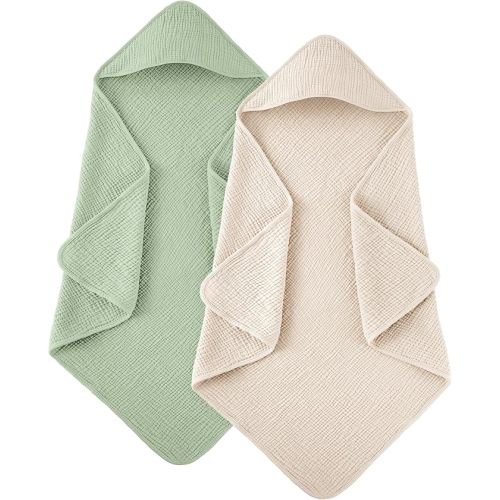 Susurration Hooded Baby Towels for Newborn 2 Pack 100% Muslin Cotton Towel for Babies，Highly Absorbent and Newborn Essential 30x30 Inch Cream&Dark Green