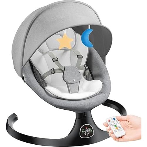 Electric Baby Swing for Infants, Baby Rocker for Infants with 5 Speeds, 10 Lullabies, Adapter & Battery Operated, Indoor & Outdoor Use, Remote Control, Gray