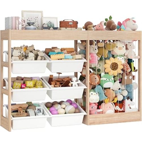 50.6"W Toy Storage, Wooden Kids Organizer with 153L Stuffed Animal Zoo