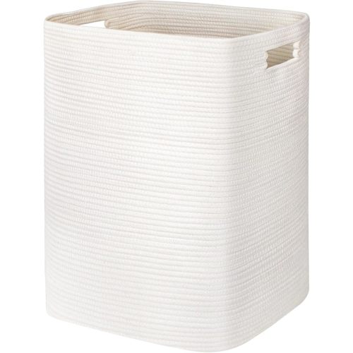 Large Laundry Hamper 16"x13"x22" - Tall Woven Laundry Basket, Cotton Rope Dirty Clothes Hamper, Baby Kids Nursery Wicker Laundry Basket, Bedroom Aesthetic, Soft Laundry Bin, White Hamper, 75L