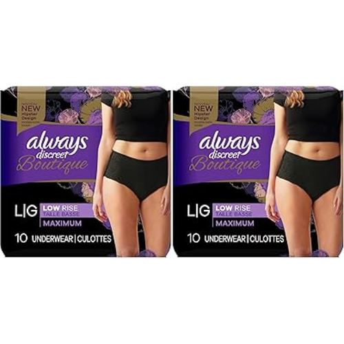 Always Discreet Boutique Low-Rise Postpartum Incontinence Underwear Size L Maximum Absorbency, Up to 100% Leak Protection, Black, 10 Count (Pack of 2)