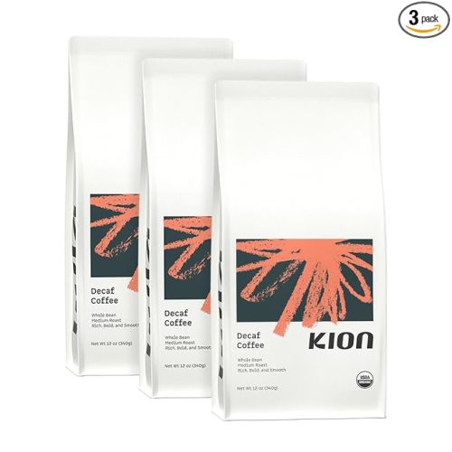 Kion Organic Decaf Whole Bean Coffee, Tested for Toxins, Ethically Sourced, Rich, Bold, and Smooth, Medium Roast 12 Oz (3 Pack)