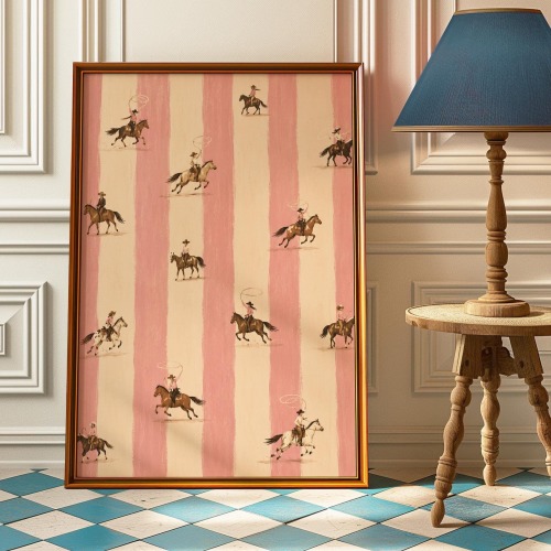 Pink Cowgirl Riders Poster, Western Nursery Wall Art, Striped Ranch Print, Coastal Cowgirl Decor