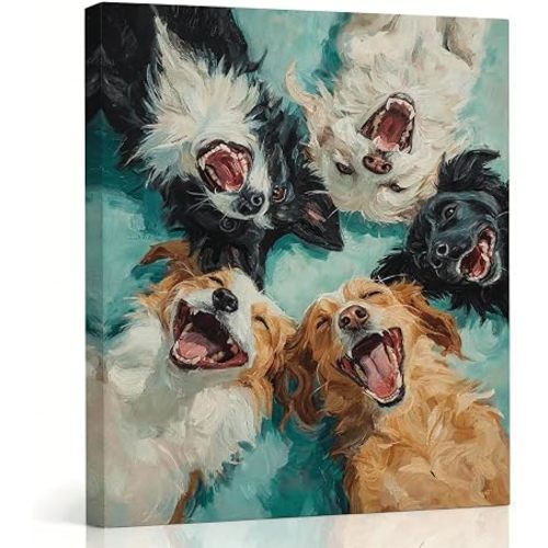 RTVJTERQ 8x10 Inches Dogs Group Portrait Oil Painting Canvas Wall Art, Funny Playful Pet Animal Art Print for Living Room Bedroom Kids Room Home Wall Decoration