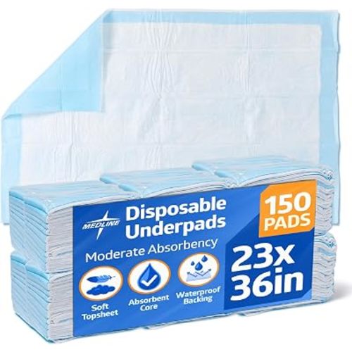 Medline Moderate Absorbency Underpad, 23" x 36", 150 Count, Disposable Chucks, Bed, Furniture & Surface Protection, For Kids, Adults, Elderly, Puppy Pad, Changing Pad, Incontinence Pee Pad