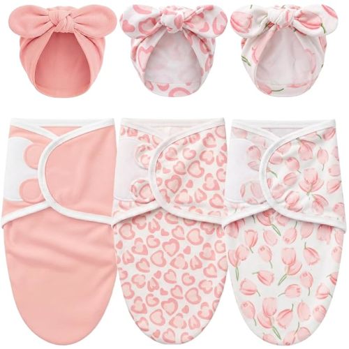 DRESHOW BQUBO 3 Pack Newborn Baby Swaddle Blanket with Hats Infant Adjustable Velcro Swaddling Wraps with Bear Ears Cap for 6-12 Lbs Newborns & 0-3 Months Girls Boys