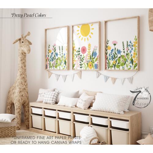 Sunshine Wildflowers nursery wall art, Pink Floral Nursery Art, Baby Girl Nursery, Garden nursery prints, Set of 3 UNFRAMED Prints or Canvas