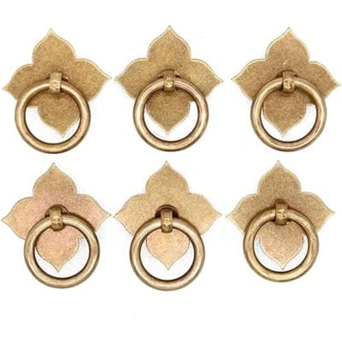 LXZ 6 PCs Vintage Antique Brass Ring Pulls with Four-Leaf Clover Shaped Base - Pure Brass Cabinet Hardware- Ring Size 1.2" (3 cm)