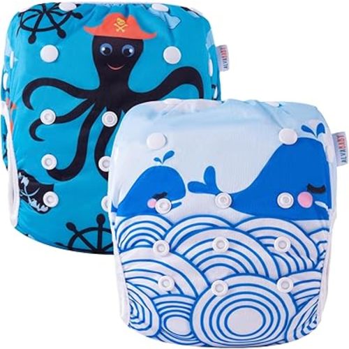 ALVABABY Swim Diapers 2pcs Baby & Toddler Snap One Size Reusable Adjustable Baby Boy Swimmer Diaper for Pool Time Small Size Octopus Whale