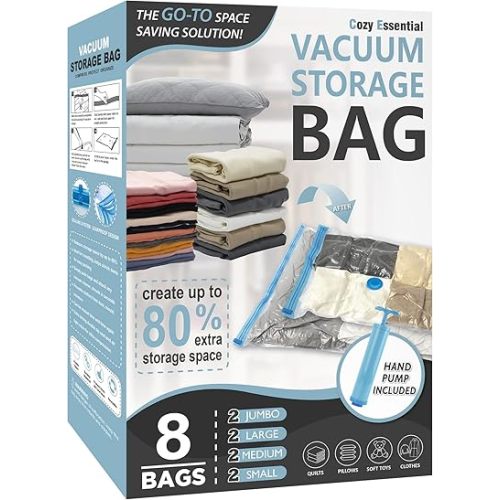 8 Pack Vacuum Storage Bags, Space Saver Bags (2 Jumbo/2 Large/2 Medium/2 Small) Compression Storage Bags for Comforters and Blankets, Vacuum Sealer Bags for Clothes Storage, Hand Pump Included