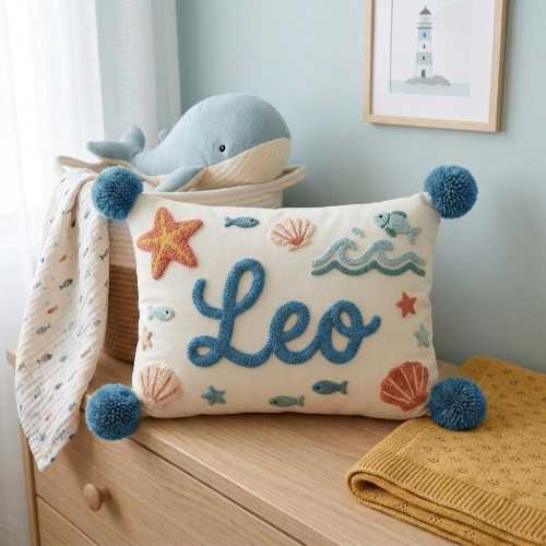 Personalised Under the Sea Name Cushion, Custom Starfish Punch Needle Nursery Decor Pillow, Ocean Theme Kids Room Initial Decoration Gift