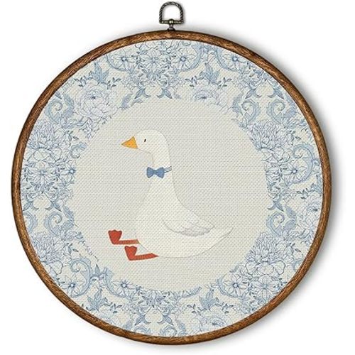 QWZDRHYJI Chinoiserie Coquette Goose Round Wall Art Decor, Blue and White Flower Goose Framed Canvas Prints Wall Hanging for Kids Girl Room Nursery Playroom Decorations, 10x10 Inch