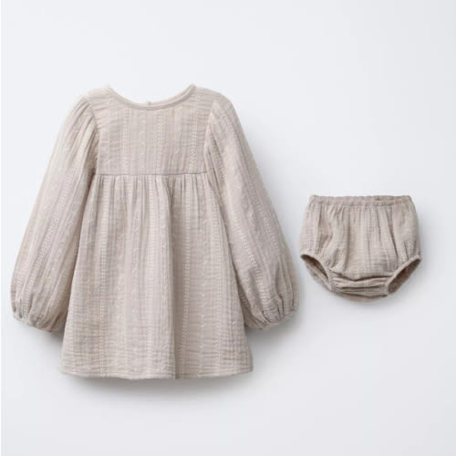 EMBROIDERED COTTON GAUZE DRESS AND PANTY SET - taupe brown | ZARA United States