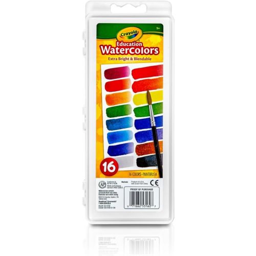 Crayola Watercolor Paint Set (16 Count), Washable Paint for Kids, 1 Paint Brush, Arts & Crafts Supplies, Assorted Colors, Ages 4+