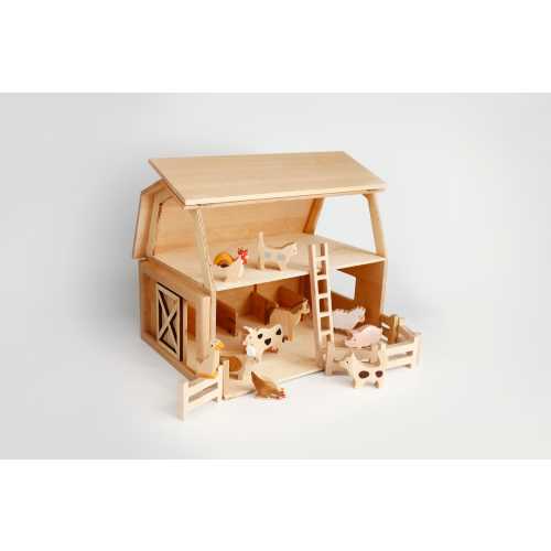 Handmade Wooden Toy Barn with Farm Animals: Montessori Playset