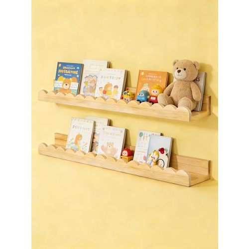 Nursery Book Shelves 24Inches-Floating Shelves for Bedroom Kids, Scalloped Shelves for Wall 2 Pack, Scalloped Shelf for Toddler Room, Baby Room, Nursery Decor, Natural, Large